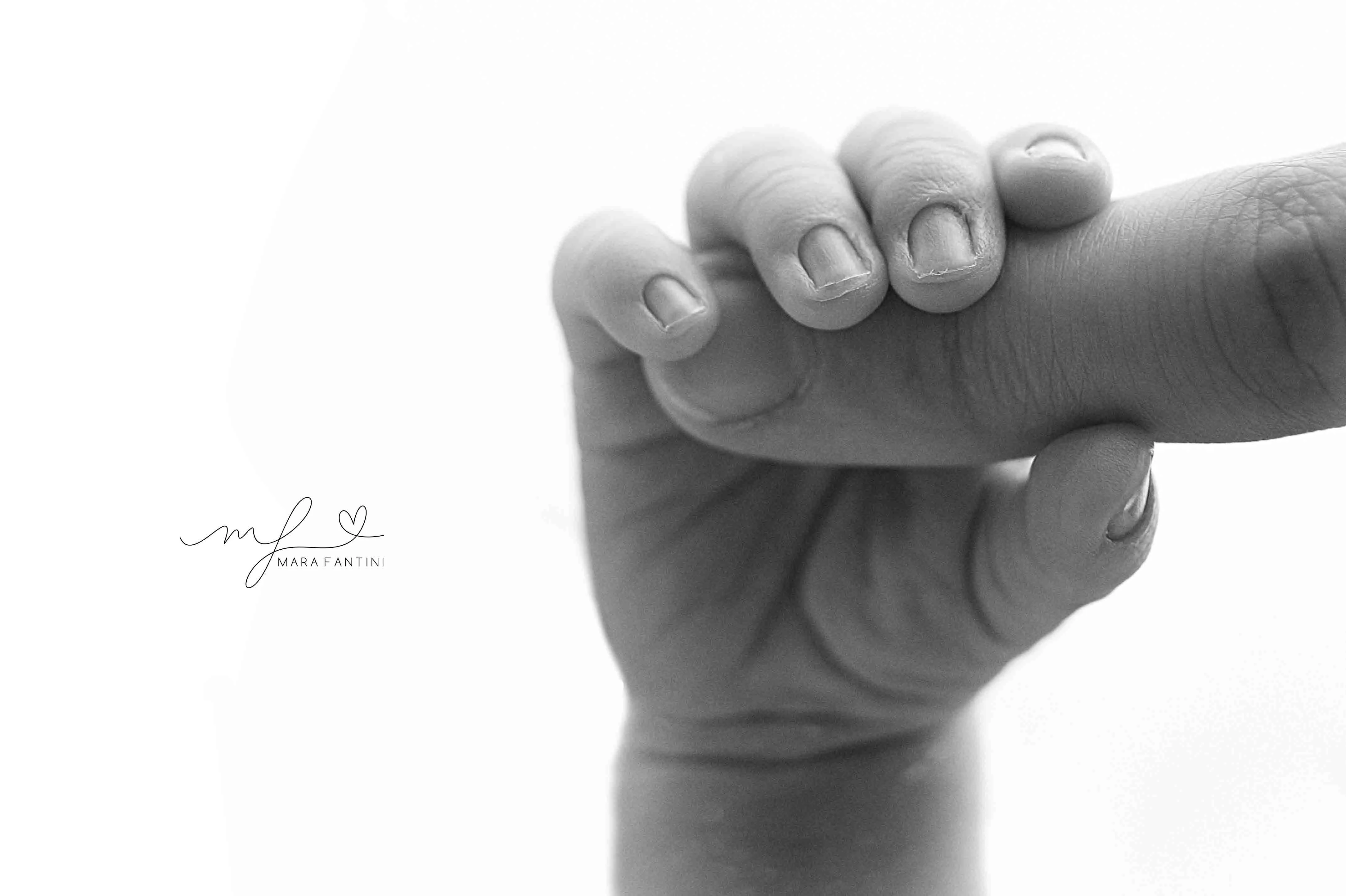 Foto neonato manina dito genitore - studio Roma | Mara Fantini Manina del neonato stringe il dito del genitore, primo piano in bianco e nero