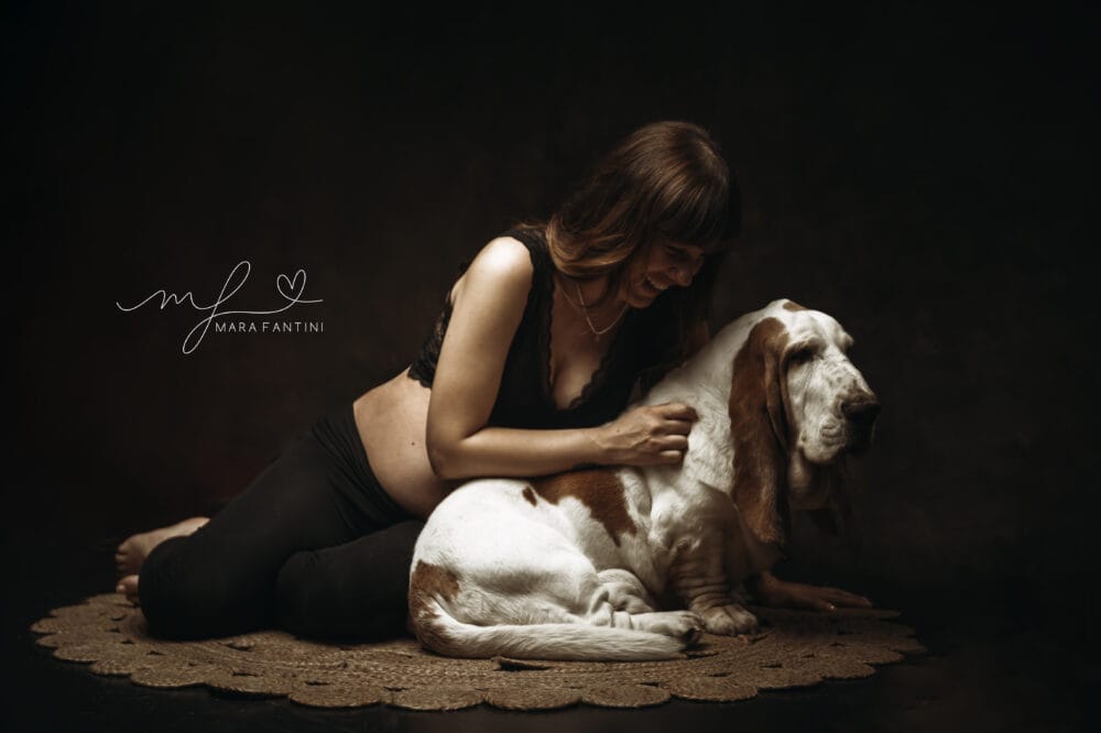 utura mamma con cane in studio fotografico Roma — servizio maternity Ritratto gravidanza con Basset Hound Roma — studio Mara Fantini