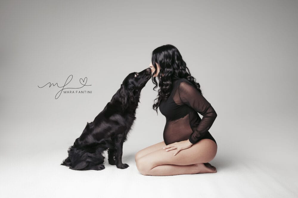 Foto gravidanza con cane a Roma — sessione in studio fotografico Foto gravidanza con cane a Roma — mamma con cocker spaniel nero