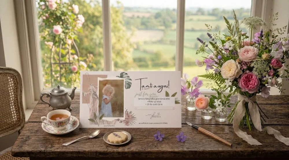 Coupon regalo per servizio fotografico professionale Mara Fantini, appoggiato su un tavolo di legno rustico in uno studio luminoso con fiori freschi, una tazza di tè e vista sulla campagna, a Roma