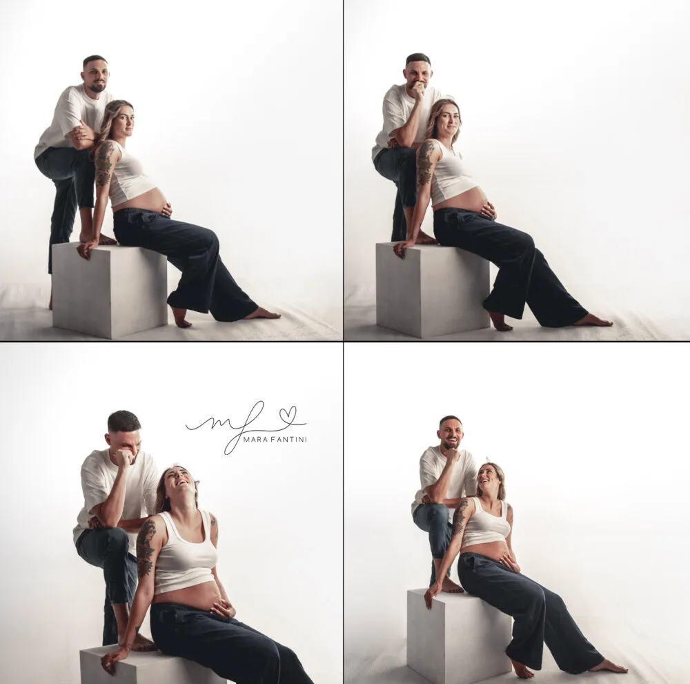 foto-maternita-artistica-silhouette-studio-roma.jpg Fotografia artistica di maternità in silhouette e bianco e nero, con i futuri genitori abbracciati in studio a Roma che si guardano con complicità.